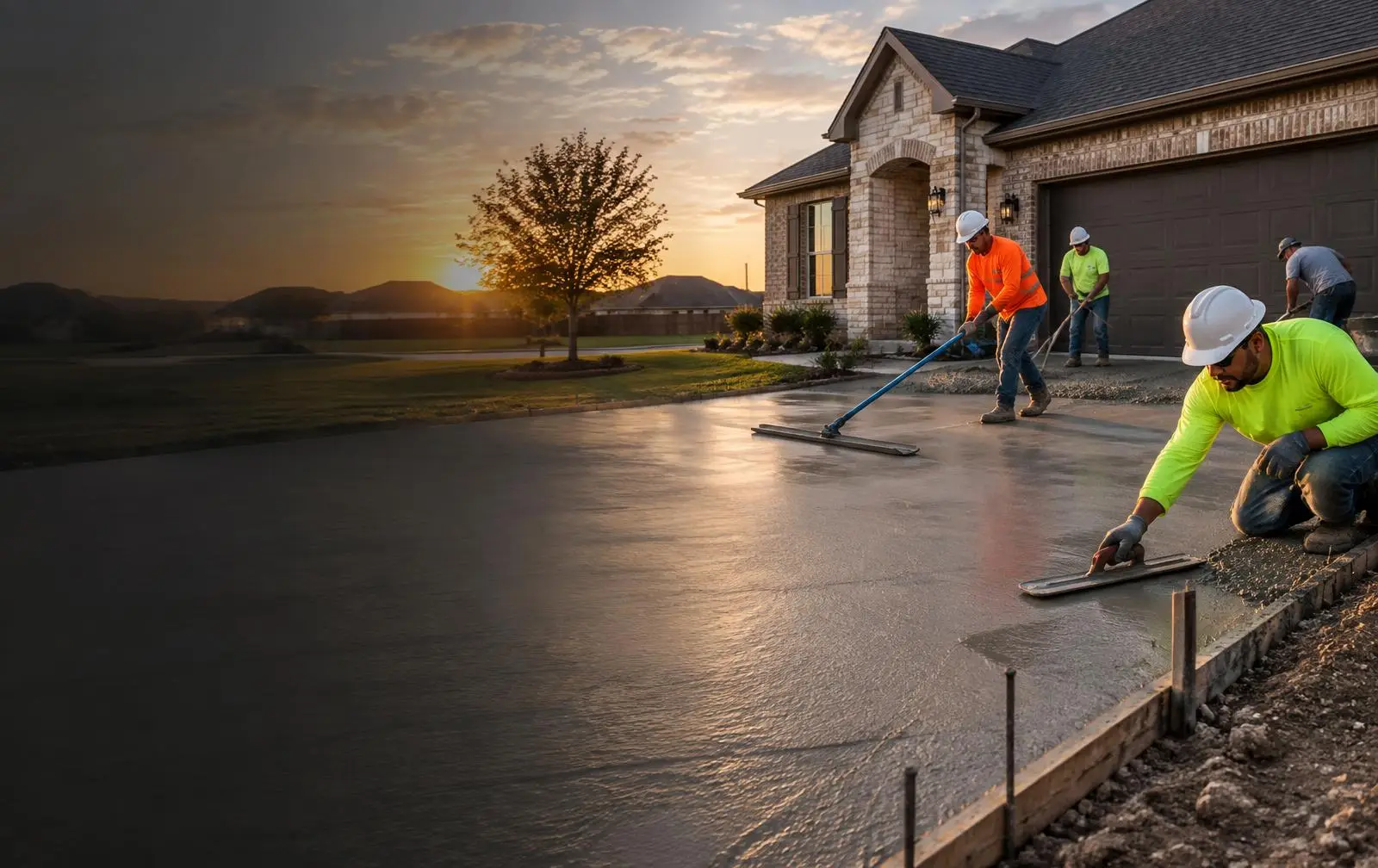 Concrete crew finishing a residential driveway in Killeen, TX