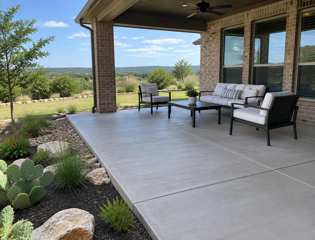 Finished concrete patio with outdoor seating